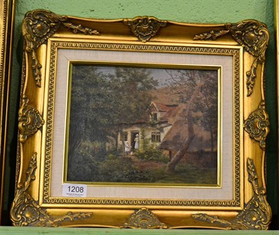 Lot 1208 - English school, figures before a cottage in a wooded landscape, oil on canvas