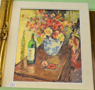 Lot 1211 - Tom Oldham, still life with flowers and wine on a ledge, oil on canvas