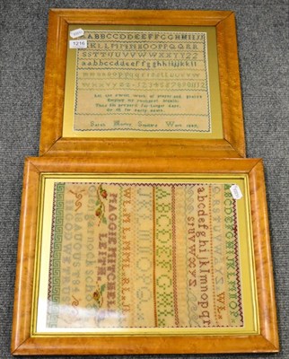 Lot 1216 - Alphabet sampler, worked by Maggie Mitchell Leith of Glengarnock School, 1884, in a maple...