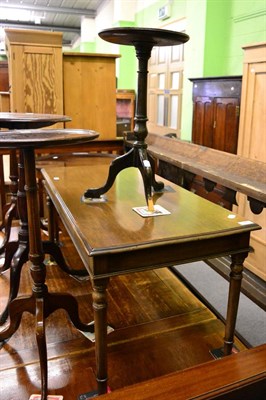 Lot 1243 - A 19th century oak tilt top tripod table, another tripod table (a.f.), and two mahogany coffee...