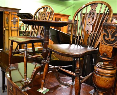 Lot 1336 - A pair of Windsor style chairs and an oak tripod table