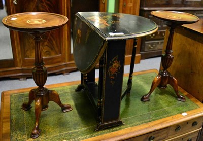 Lot 1341 - A pair of 19th century mahogany inlaid wine tables, together with a lacquered chinoiserie drop leaf