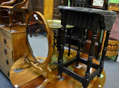 Lot 1347 - A 19th century toilet mirror, a carved oak drop leaf occasional table and a folding middle...