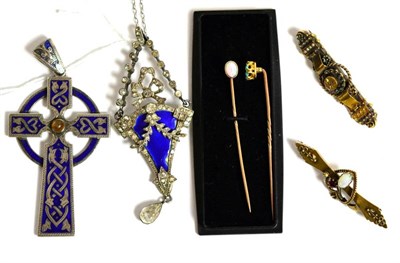 Lot 11 - A group of gold brooches and stick pins together with two enamel pendants