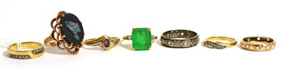 Lot 24 - A 9ct gold diamond ring, two 9ct gold gem set rings, an eternity ring stamped '9CT' and three...