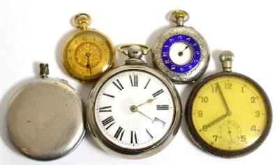 Lot 31 - A silver pair cased verge pocket watch, lady's fob watch stamped 18K, one military watch,...