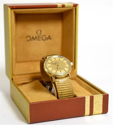 Lot 50 - A gold filled and stainless steel electronic calendar centre seconds wristwatch, signed Omega,...