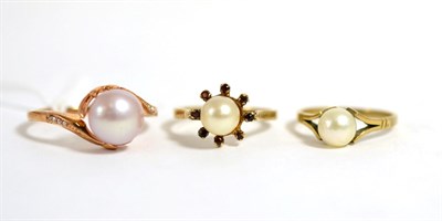 Lot 54 - A 9ct gold cultured pearl and diamond ring, a 9ct gold cultured pearl ring and a cultured pearl...