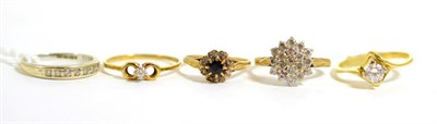 Lot 56 - A 9ct gold diamond half hoop ring, a 9ct gold cubic zirconia cluster ring, a 9ct gold diamond...
