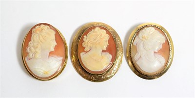 Lot 60 - A group of three various gold mounted Victorian and later shell cameos, two 9ct the other...
