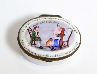 Lot 61 - An oval enamel patch box depicting seated figures and a cat, circa 1800