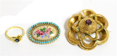 Lot 72 - A sapphire and diamond snake head 18ct gold ring, an unmarked yellow metal brooch and a brooch...