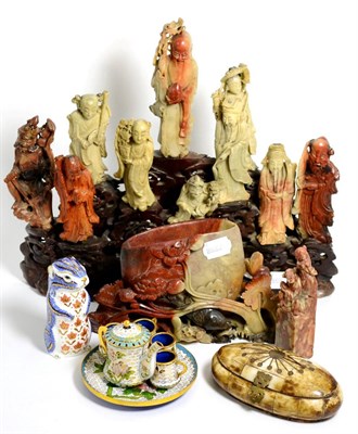 Lot 78 - A soapstone Oriental figural group on a soapstone base, two other soapstone items, cloisonne...