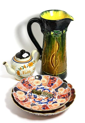 Lot 80 - A named and dated 1791 pearlware teapot, two Imari pattern dishes, large jug and sovereign scales