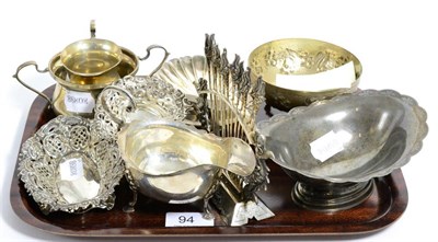 Lot 94 - A group of assorted silver including sauceboat, milk jug and sugar bowl, shell dishes, footed...