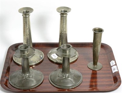 Lot 96 - Pair of Tudric pewter candlesticks, another Arts & Crafts pair of candlesticks and a Tudric...