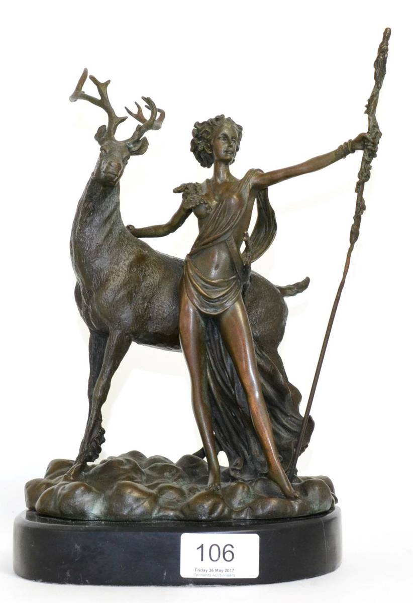 Lot 106 - After Ernest Rancoulet, bronze depicting a maiden with stag