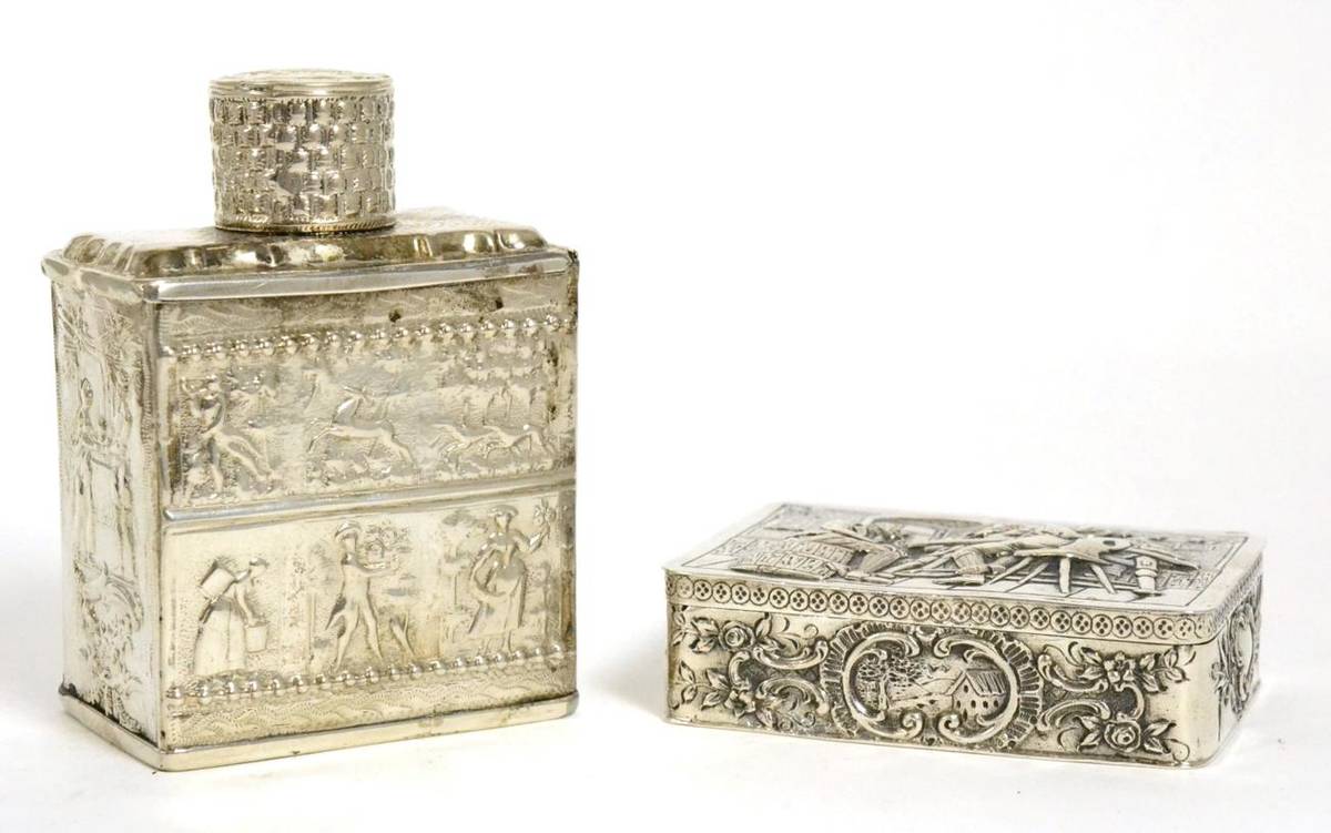 Lot 268 - A Continental white metal snuff box, pseudo Hanau marks, with tavern interior scene; together...