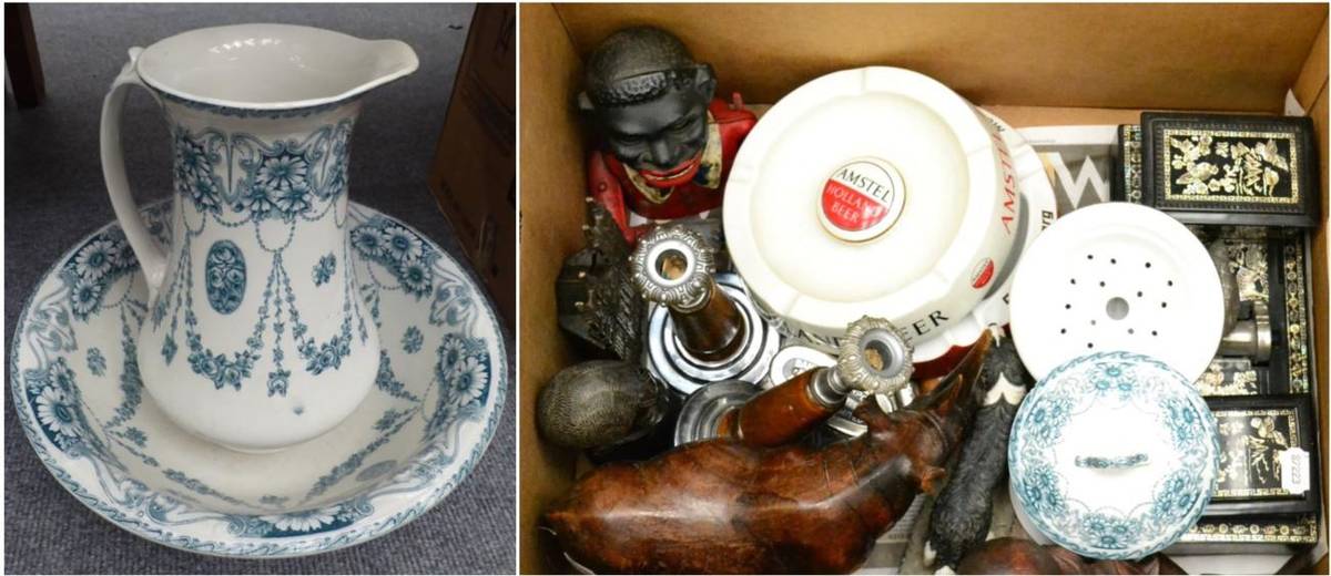 Lot 1111 - An Adams toilet set, money boxes, carved rhino, advertising ashtrays, cigarette dispenser etc