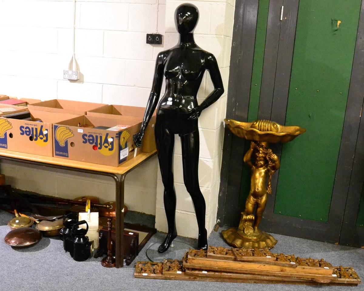 Lot 1137 - Two BR thress aspect hand lamps and a road maintenance lamp, a modern female shop mannequin, a...