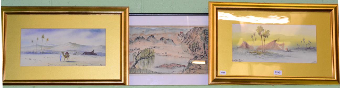 Lot 1192 - H A Linton, pair of desert scene watercolours together with a Chinese watercolour (3)