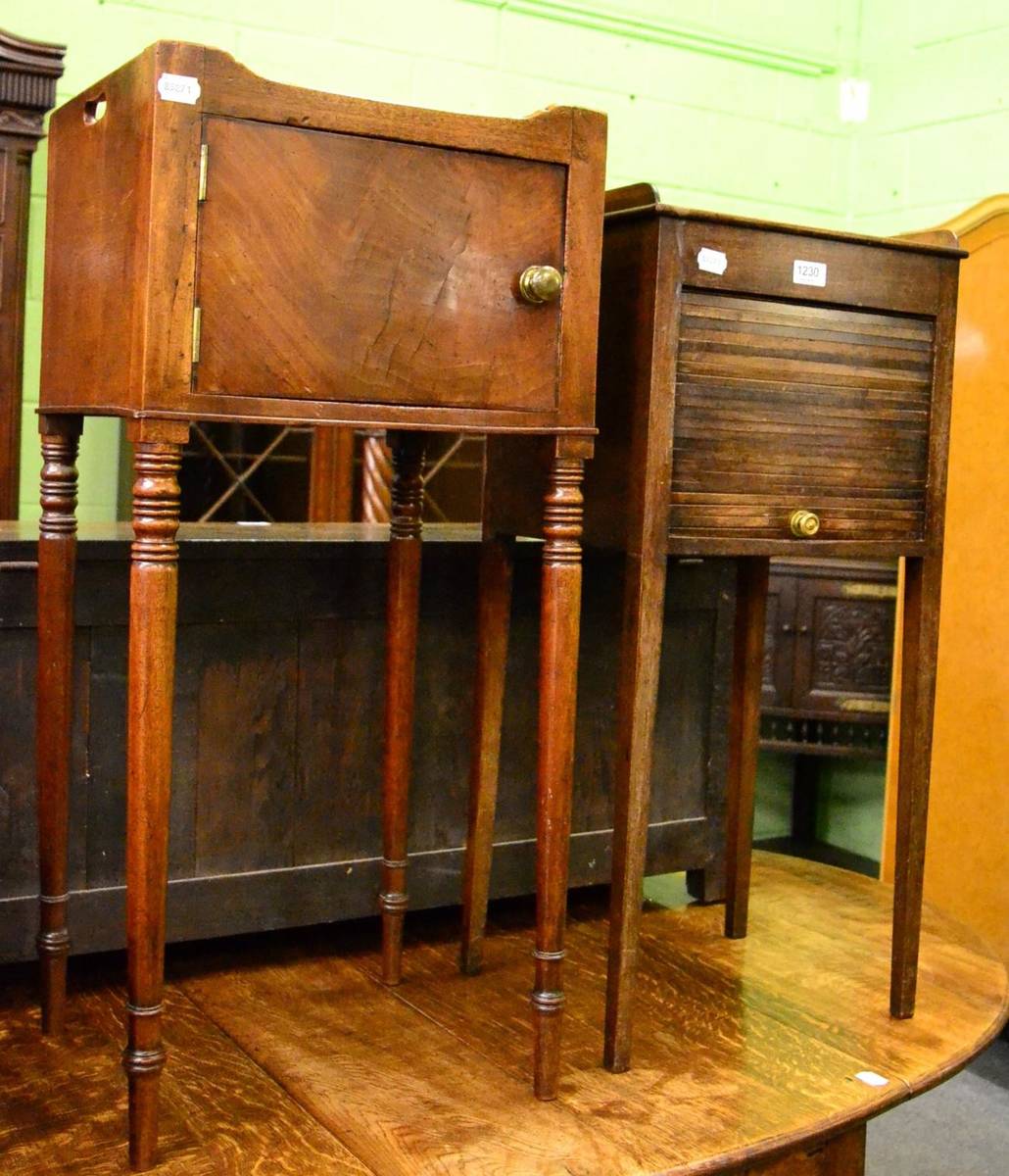Lot 1230 - A 19th century mahogany pot cupboard with tray top, together with a tambour fronted example