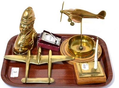 Lot 3 - A Hurricane and a P-38 Lightning brass aeroplane model on stands, a Ronson lighter, and a brass...