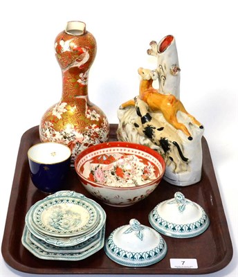 Lot 7 - Miscellaneous pottery and porcelain including Staffordshire stag and hound flatback spill vase,...