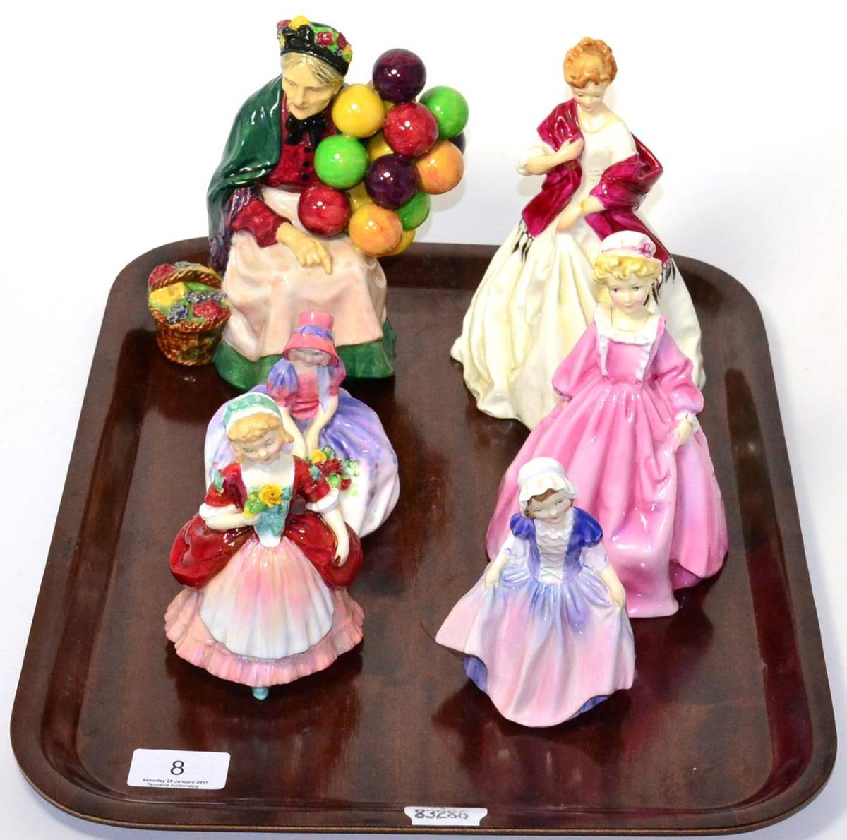 Lot 8 - Royal Doulton 'Old Balloon Seller' HN1315, three Royal Doulton figures 'Valerie', 'Monica' and...