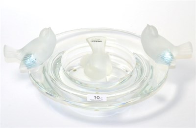 Lot 10 - A Lalique large glass centrepiece surmounted by two birds and a similar Lalique bird (a.f.)