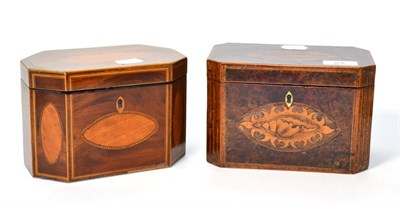 Lot 22 - A 19th century burr walnut tea caddy inlaid with shells and a satinwood tea caddy (2)