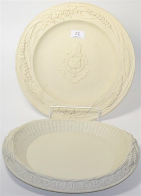 Lot 27 - A Parian dish, moulded with bishop's arms, 33cm diameter; and a Parian bread dish, 33cm (2)