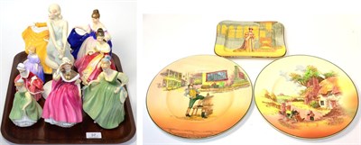 Lot 37 - Royal Worcester figure, Queen Elizabeth (boxed), two Royal Doulton plates and oblong dish, together