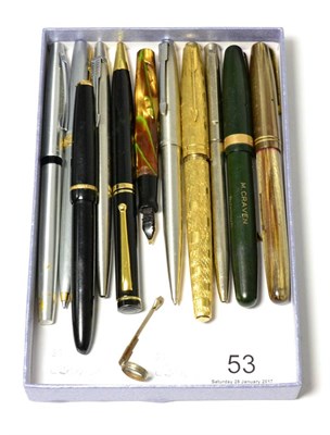 Lot 53 - A small group of pens including Waterman's and Parker, some with nibs stamped '14K'