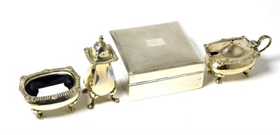 Lot 55 - A silver three piece cruet and a silver box
