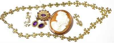 Lot 69 - A 9ct gold amethyst and pearl brooch, a pair of amethyst earrings, a carved shell cameo (a.f.)...