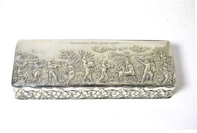 Lot 111 - A silver oblong box with embossed decoration, Chester 1902