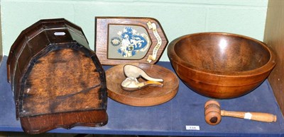 Lot 134 - A treen bowl, a candle box, a gavel, Wrekin collage memorial plaque, a meerschaum cased pipe