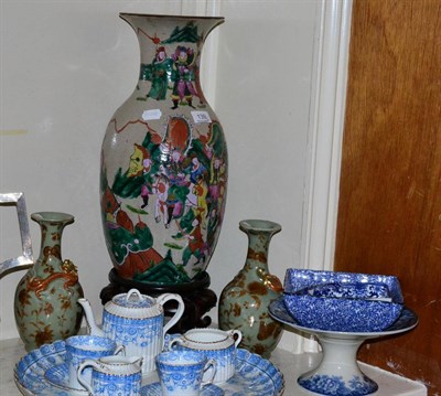 Lot 139 - A Chinese famille verte floor vase, hardwood stand and a pair of Chinese celadon baluster...