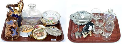 Lot 147 - Doulton pig (silver rim) (a.f.), a quantity of pottery, glass etc (two trays)