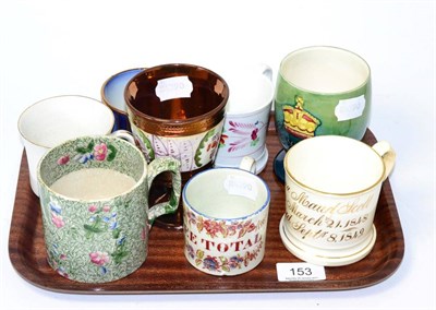 Lot 153 - Moorcroft pottery Coronation mug and seven other Victorian and later mugs