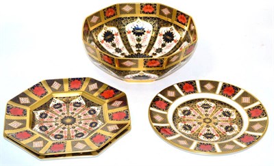 Lot 170 - A pair of Royal Crown Derby Imari octagonal plates, pattern no.1128, 22cm wide; a similar pair...