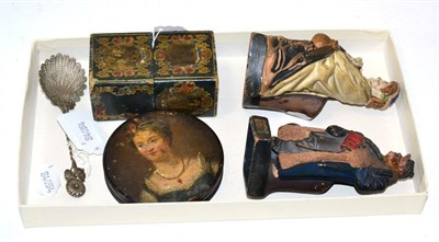 Lot 182 - A pair of Victorian earthenware spill figures together with a filigree spoon, circular box and...