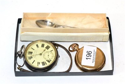 Lot 196 - A silver open faced pocket watch, a plated full hunter pocket watch signed Lancashire Watch Co Ltd