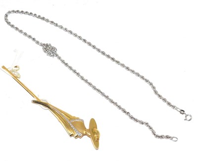 Lot 199 - An enamel swan brooch, a figural brooch and a 9 carat white gold rope chain necklace (3)