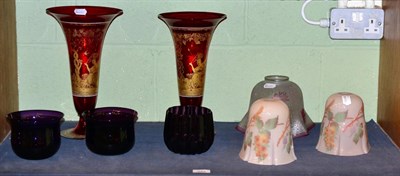 Lot 242 - A pair of ruby glass vases, three shades and three amethyst finger bowls