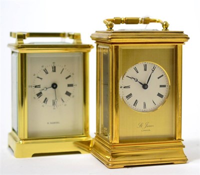 Lot 256 - Two brass carriage timepieces, retailed by H.Samuel and St James London