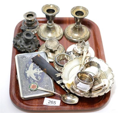 Lot 265 - A group of silver items including candlesticks, inkwell, vesta, napkin rings, etc