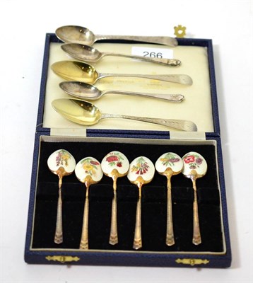 Lot 266 - A cased set of six Mappin & Webb silver gilt and enamel teaspoons, Birmingham 1981 and five...