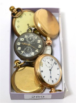 Lot 289 - An alarm pocket watch signed Birch & Gaydon Ltd, a silver pocket watch, and four plated pocket...